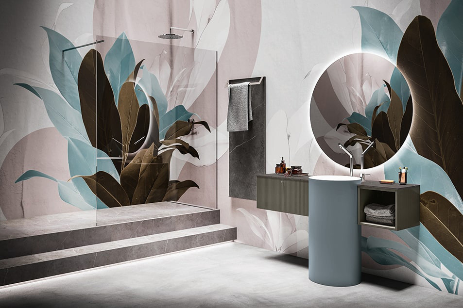 Salle de bains design Cerasa bleu, rose et marron