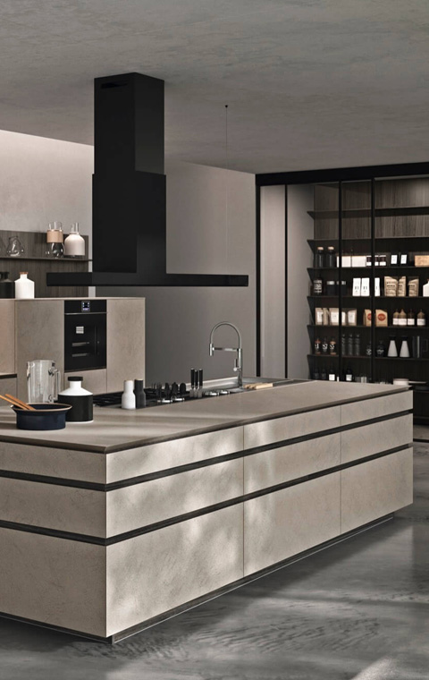 Zoom sur l'îlot central d'une cuisine sur mesure de la collection MOOD d'Antares