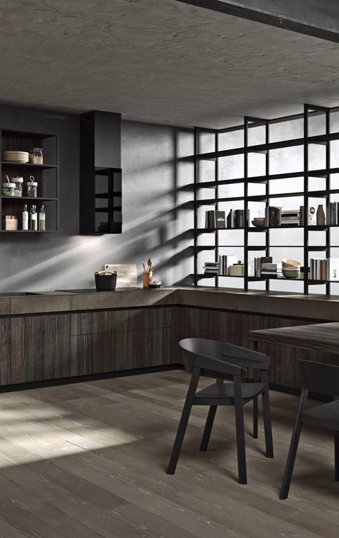 Cuisine noire tout équipée avec étagères par Antares, fabricant italien