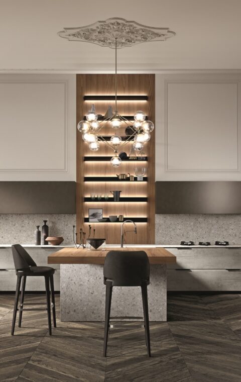 Cuisine sur mesure italienne tout équipée avec plan de travail et étagère en bois