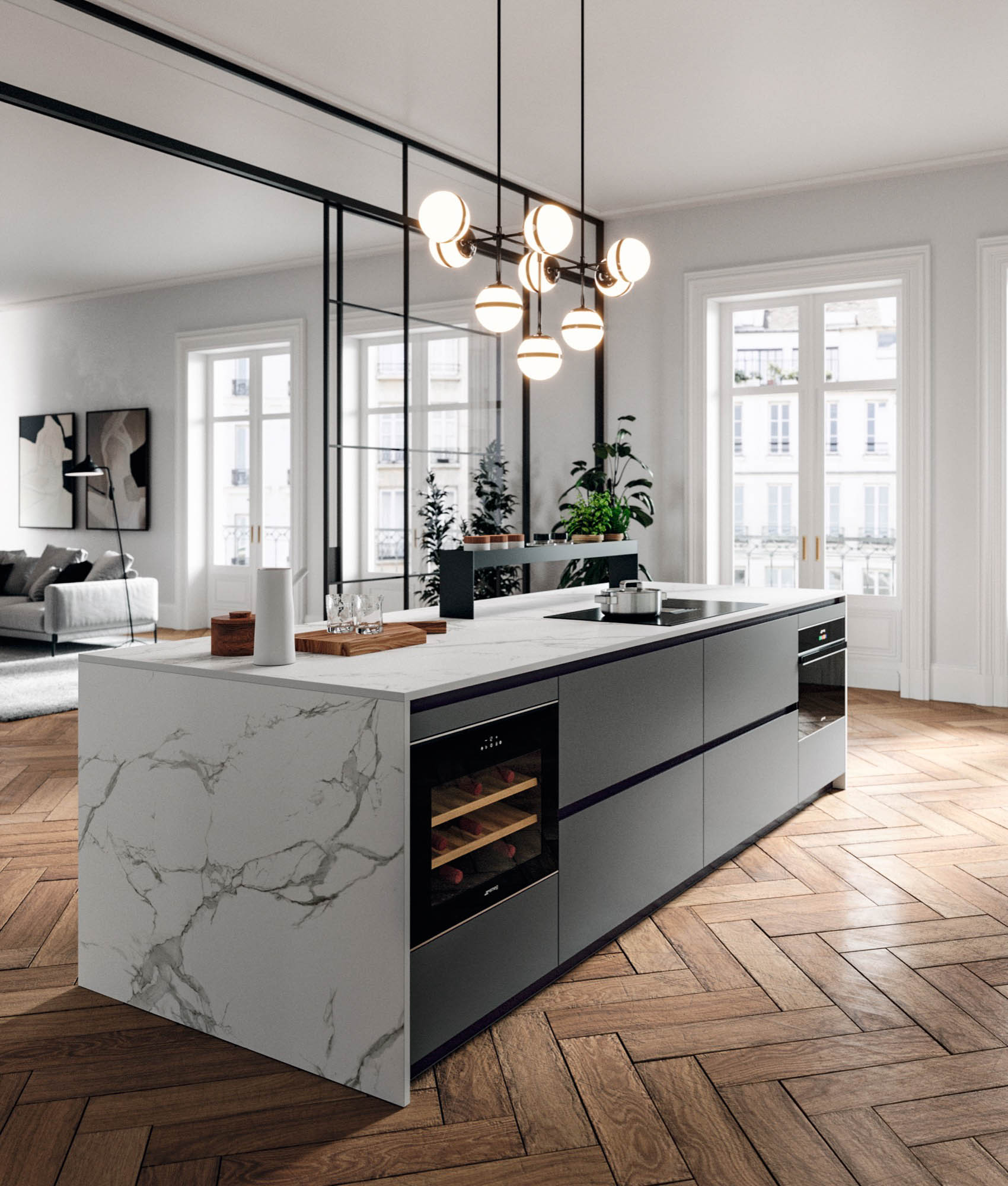 Cuisine équipée ouverte sur le salon de la marque Antares Cucine